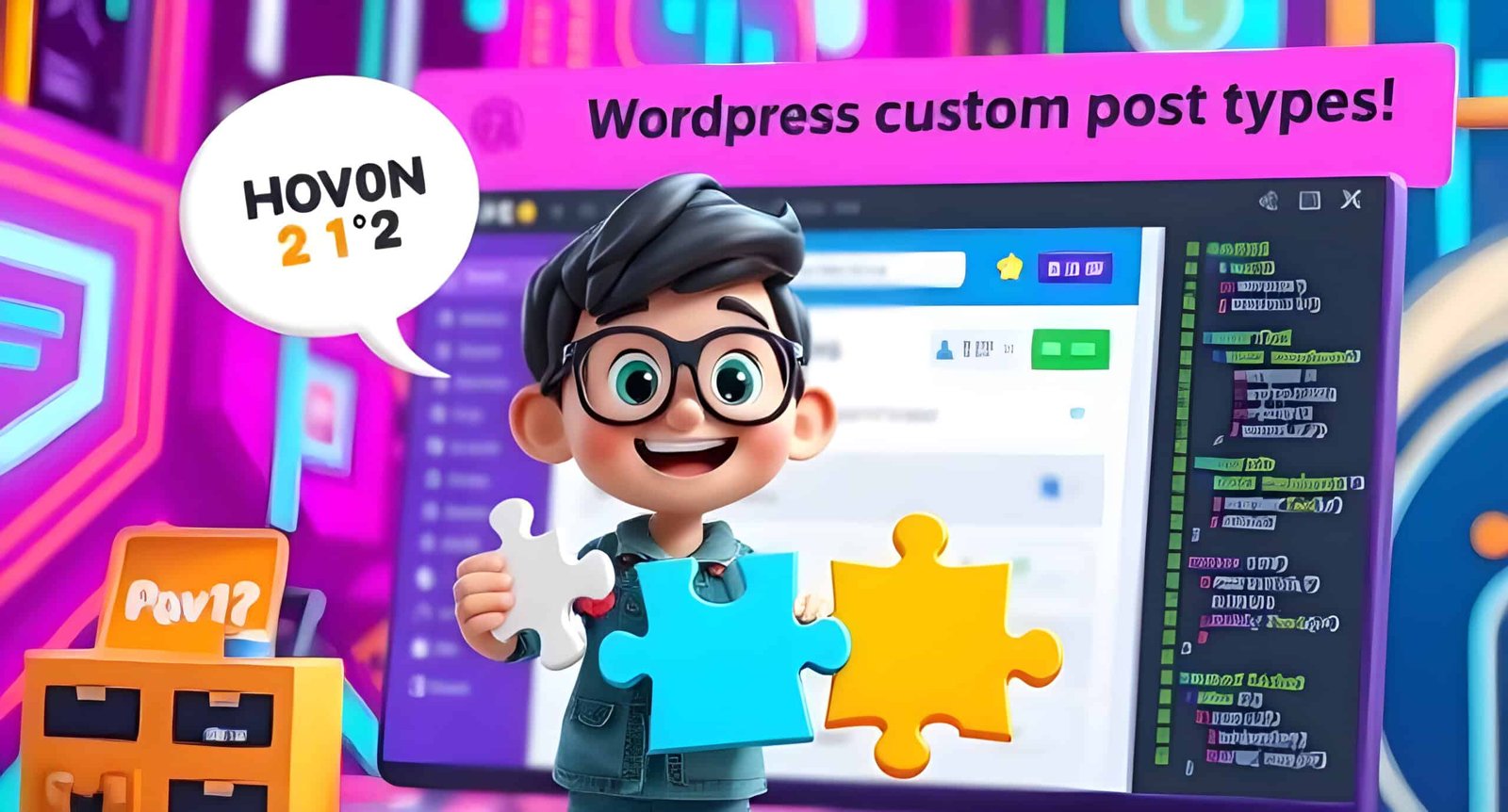 A cartoon character describes how to create custom post types in WordPress