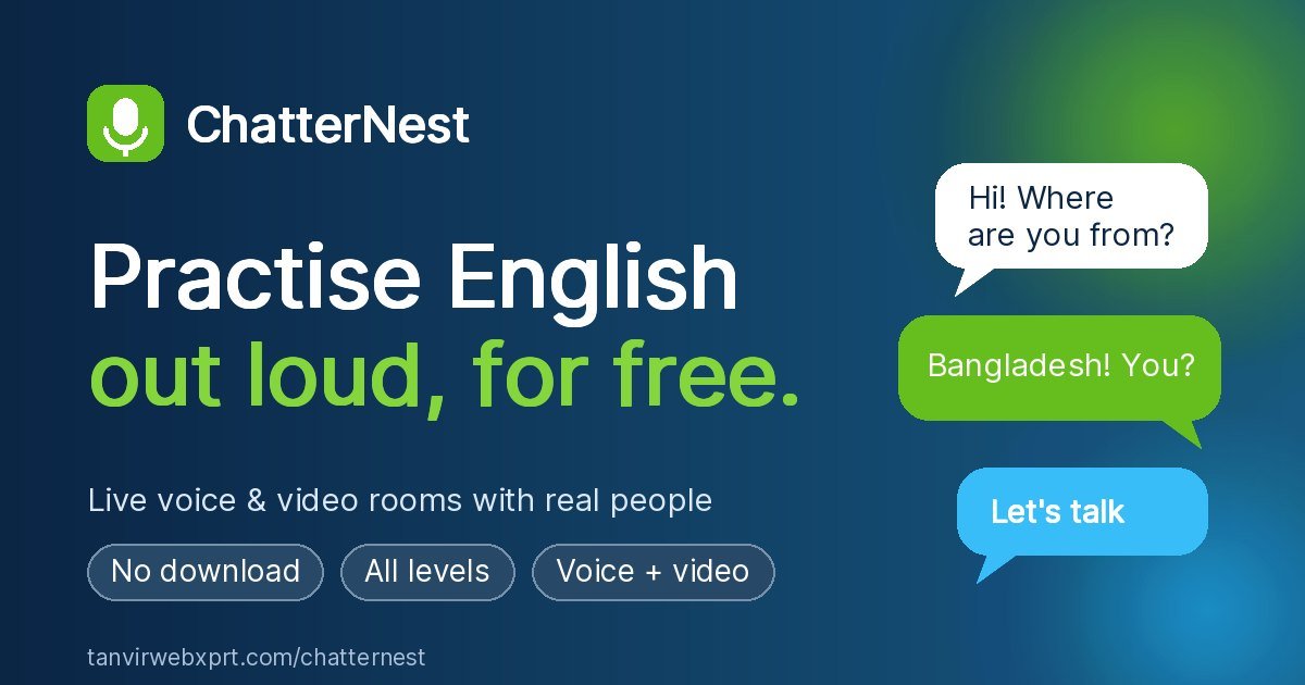 ChatterNest free English speaking practice app banner showing live voice and video chat rooms