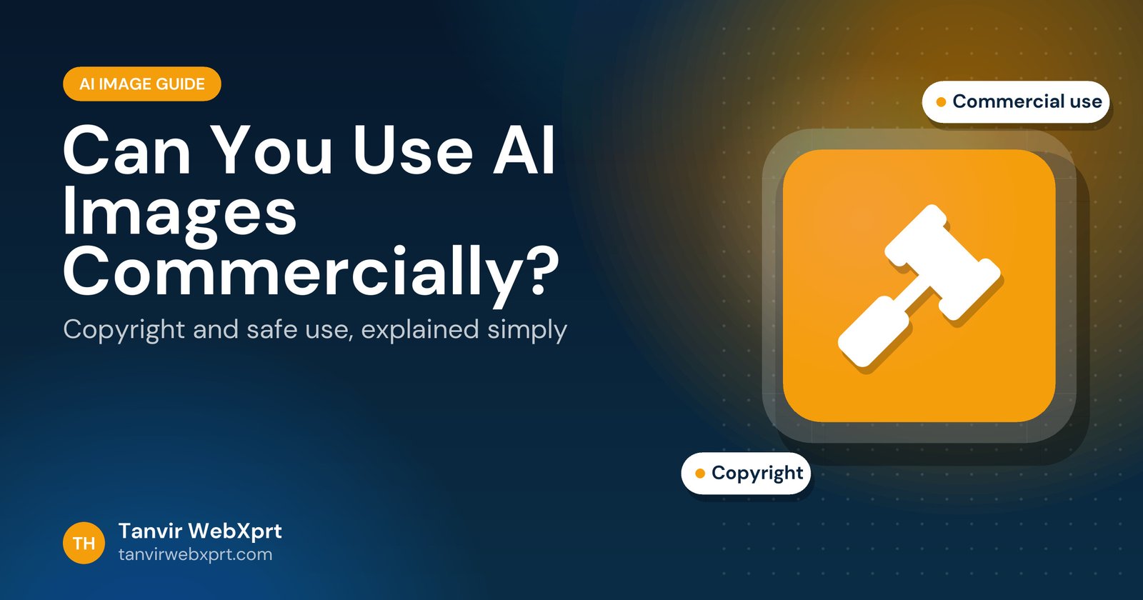 AI generated images copyright and commercial use guide cover with a gavel icon