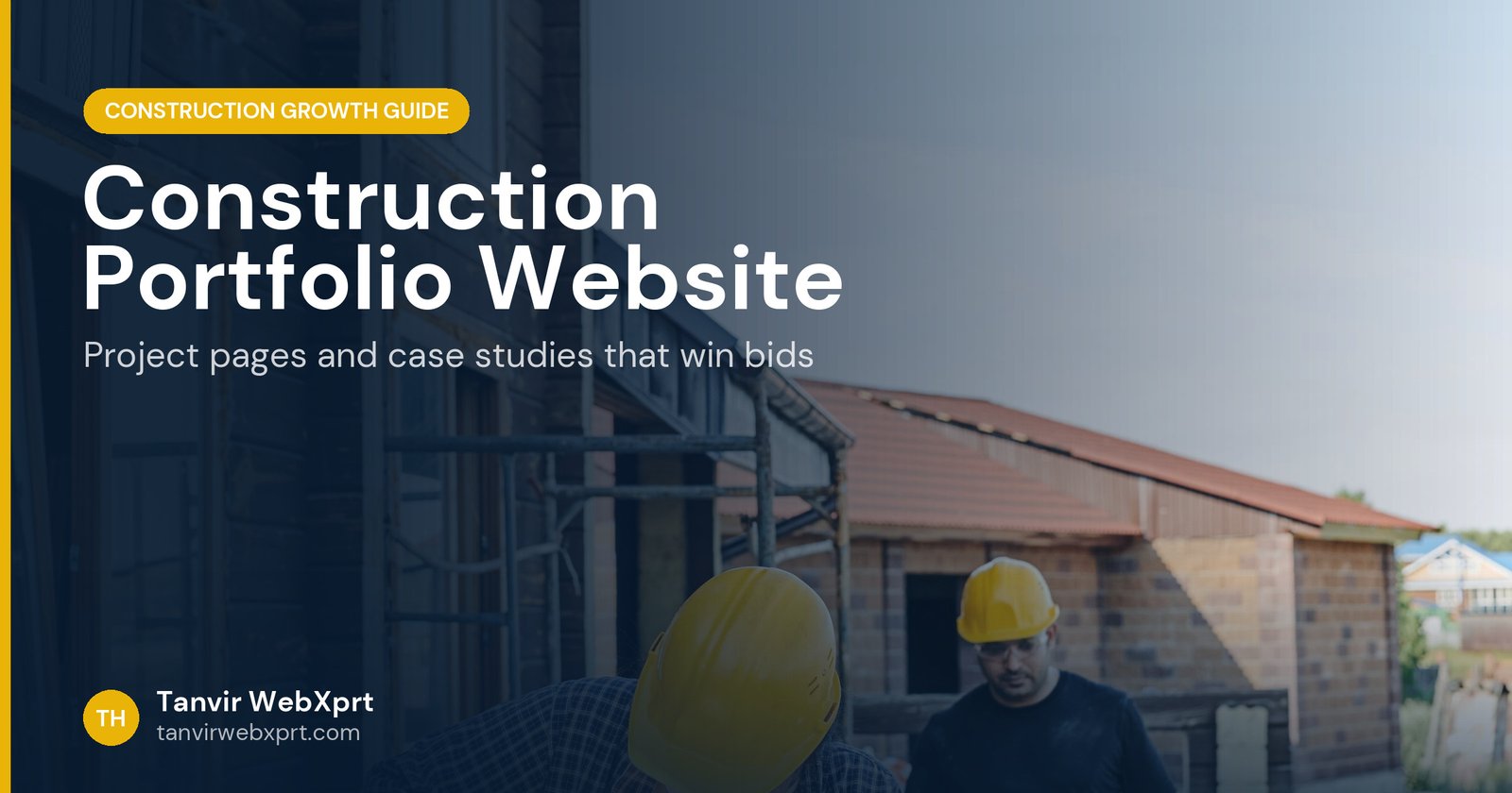 Two construction workers in hard hats building a wooden house frame