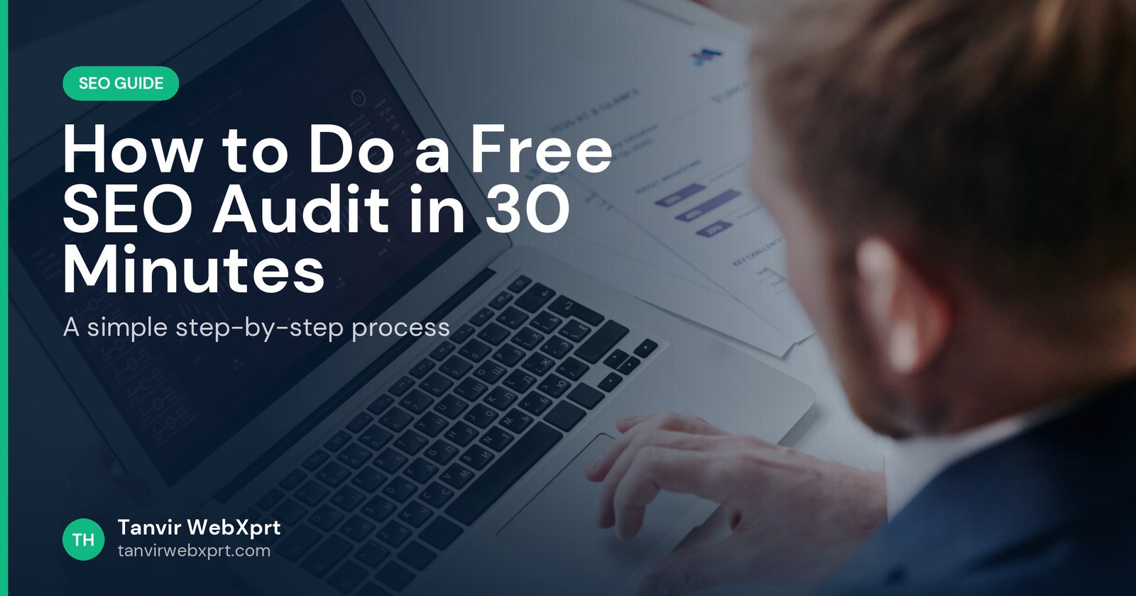 Business owner reviewing an SEO audit dashboard on a laptop