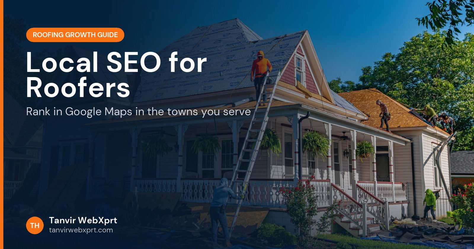 Roofing crew replacing shingles on a brick home under a clear sky