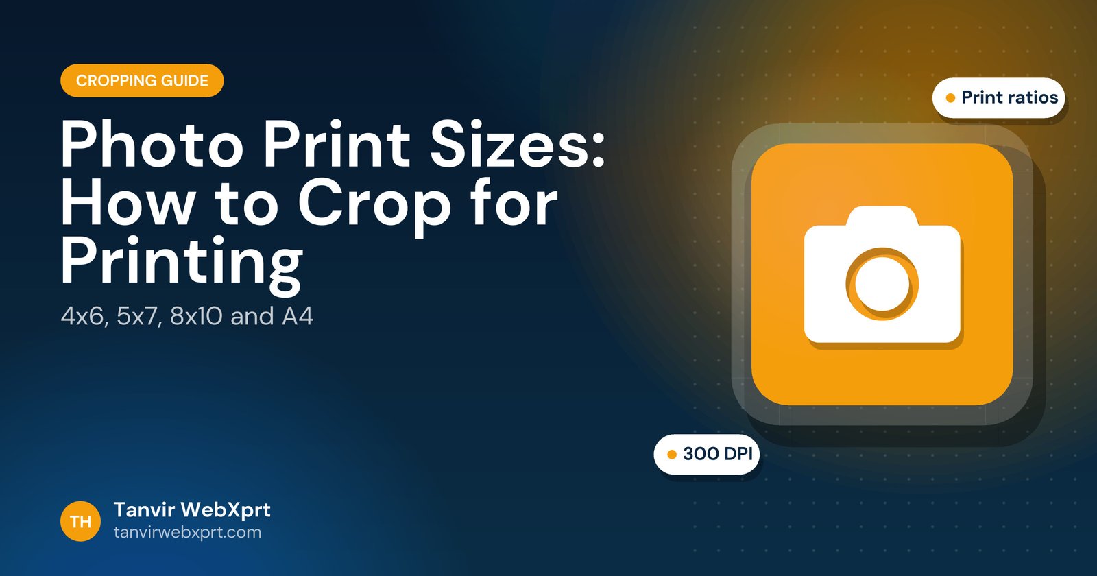 Photo print sizes and cropping guide cover with a camera icon