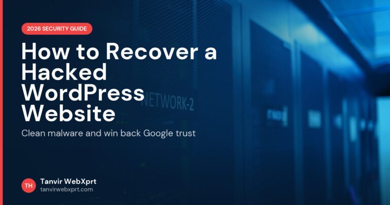 Server rack in a data center, recovering a hacked WordPress website guide
