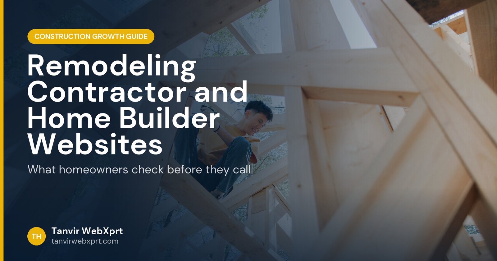Carpenter working on the wooden frame of a new house