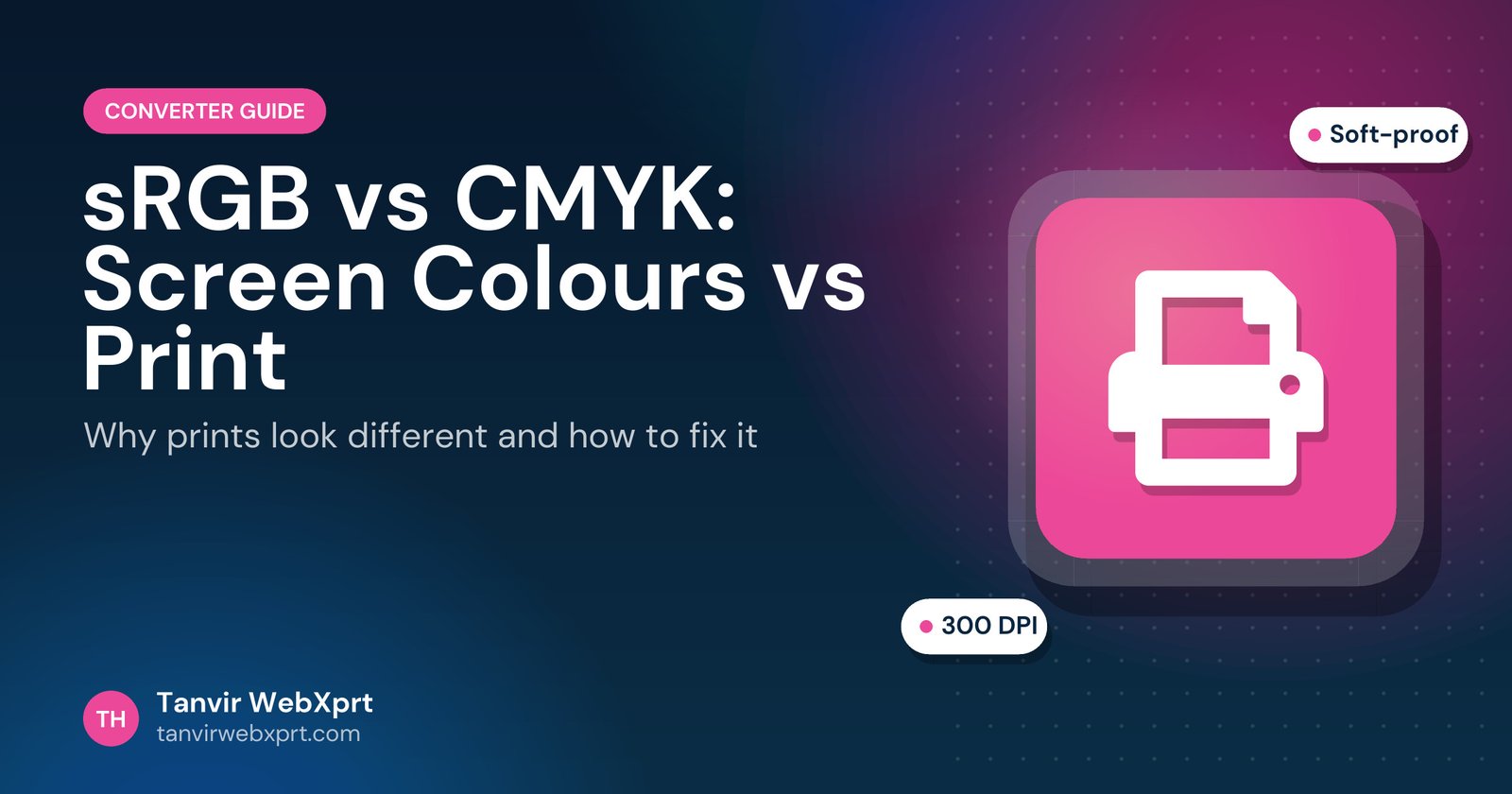 sRGB vs CMYK print vs screen colours guide cover with a printer icon
