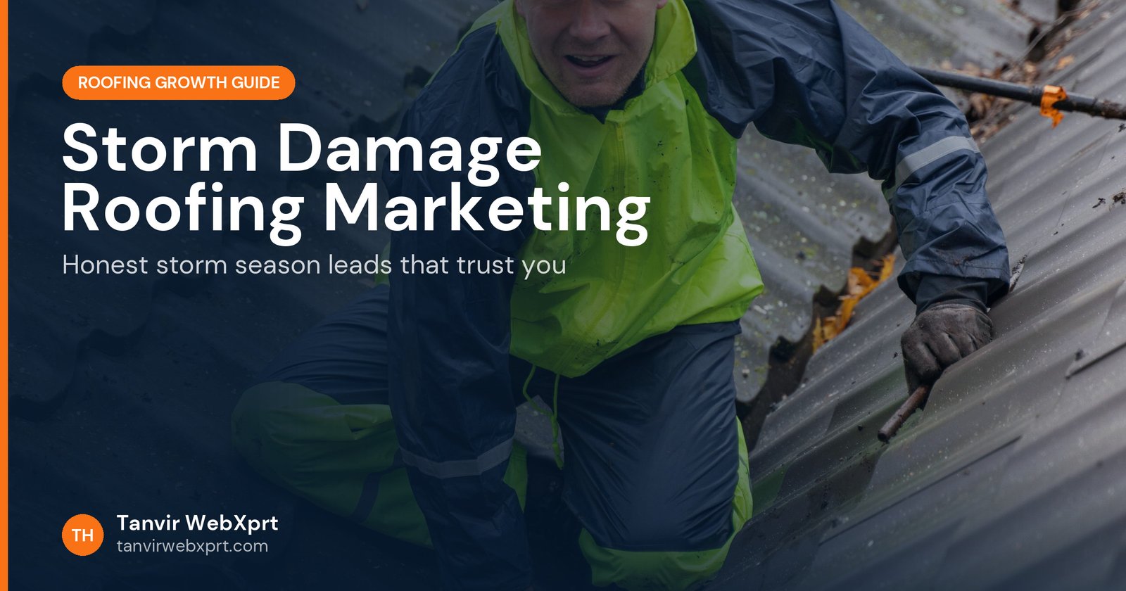 Construction worker inspecting a damaged roof after a storm