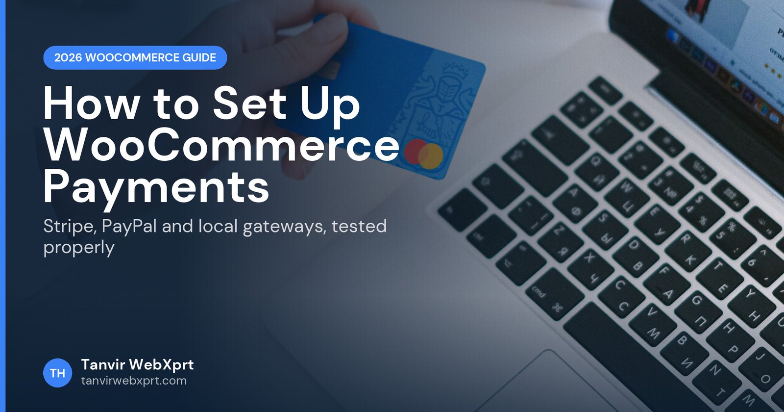 Person paying online with a card on a laptop, WooCommerce payment setup